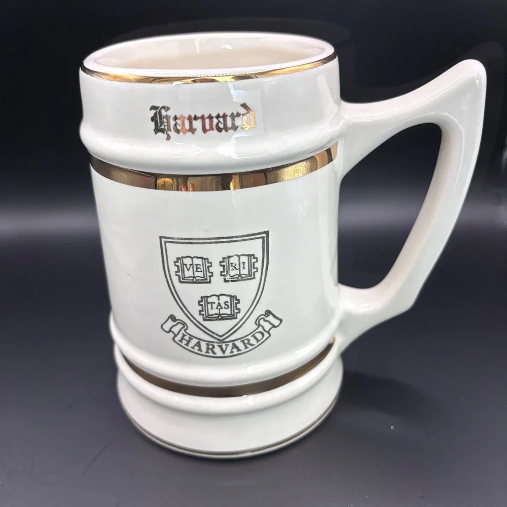 Vintage 1960s‎ Harvard Beer Stein Mug Ceramic Ivory Gold VERITAS